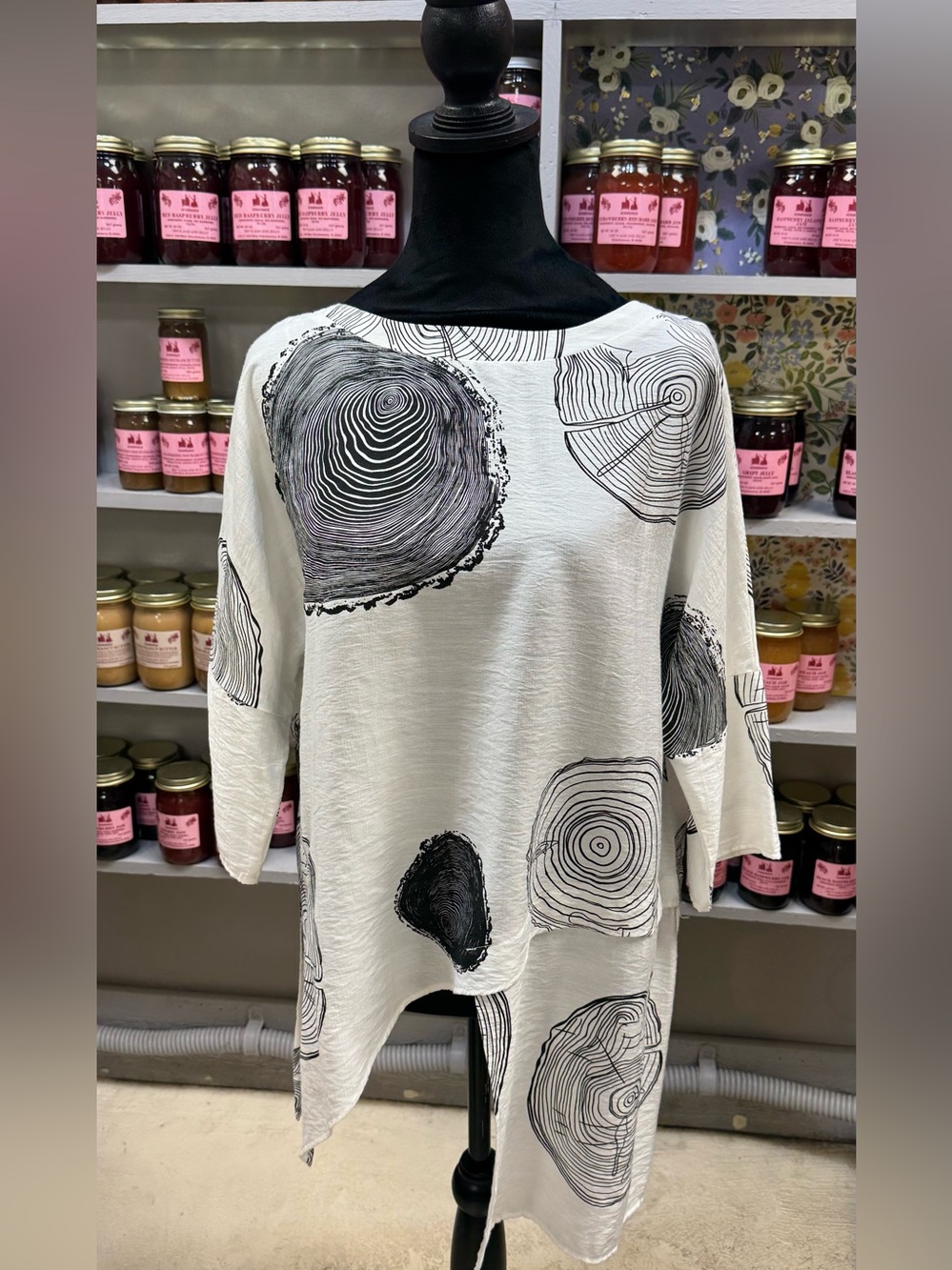 Patrizia Luca White Tunic Top with Black Abstract Tree Stump Motif